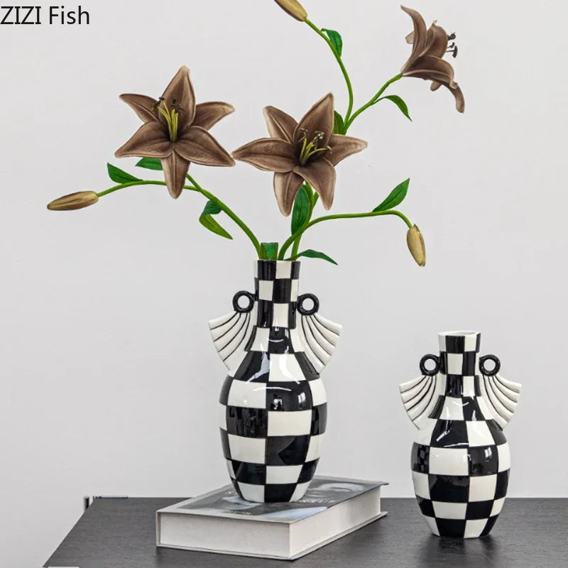Afralia™ Checkered Pattern Ceramic Vase: Geometric Table Decor for Flowers & Room Aesthetic
