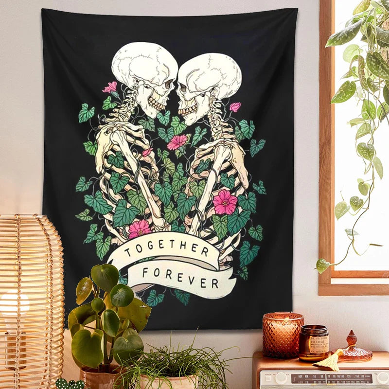 Afralia™ Lover Skeleton Tapestry Wall Hanging With Rose Flower Psychedelic Boho Blanket