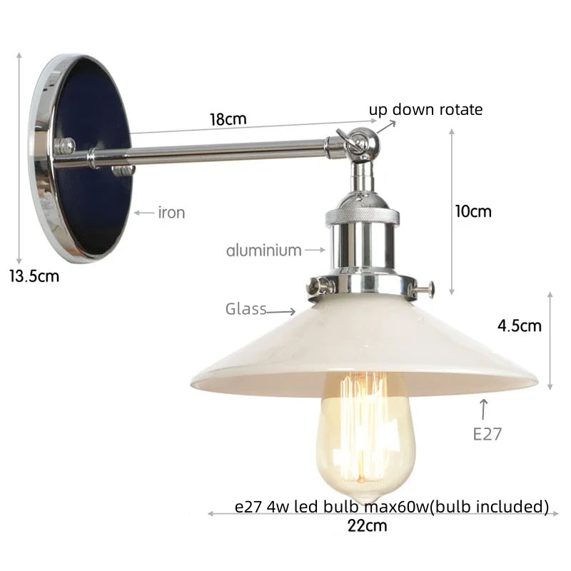Afralia™ Retro White Glass LED Wall Light Sconce Industrial Vintage Bedroom Lamp