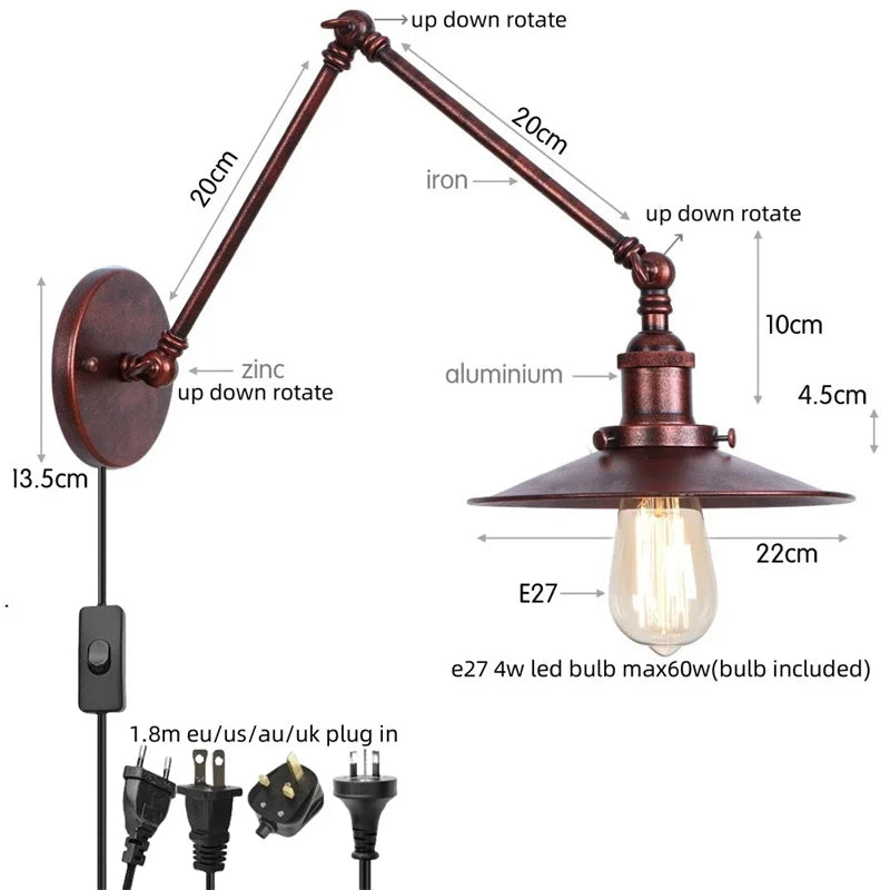 Afralia™ Rustic Vintage LED Wall Lamp with Pull Chain Switch for Stair, Restaurant, Bedroom