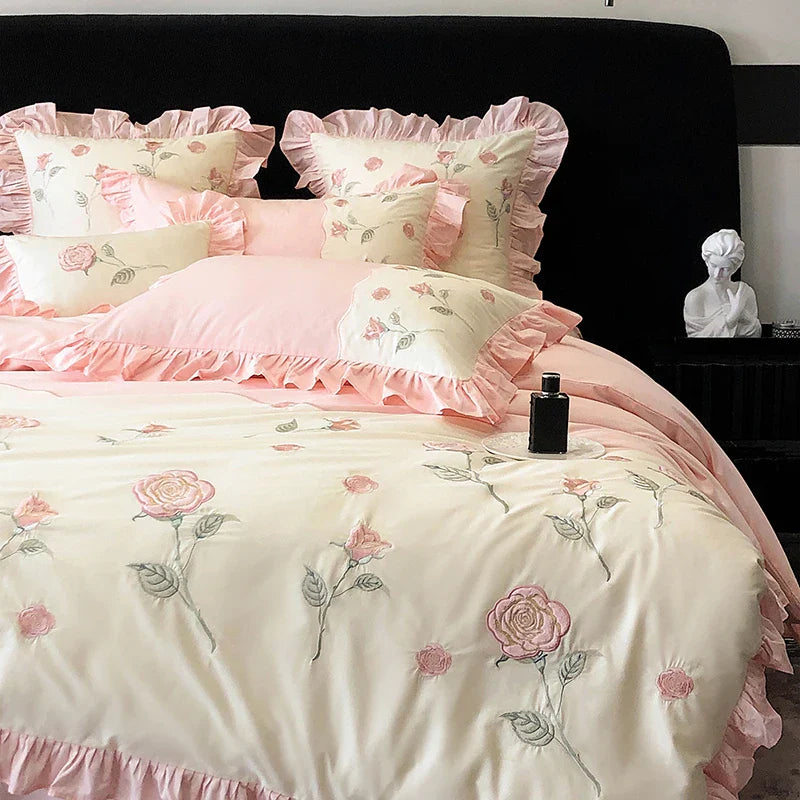 Afralia™ Vintage Pink Red Rose Flowers Embroidery Bedding Set with Ruffles