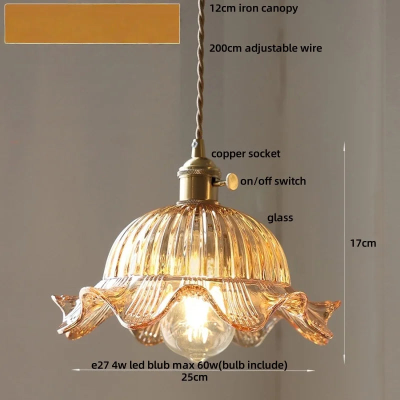 Afralia™ Vintage Green Glass Flower Knob Switch LED Pendant Lights, Copper Hanging Lamp