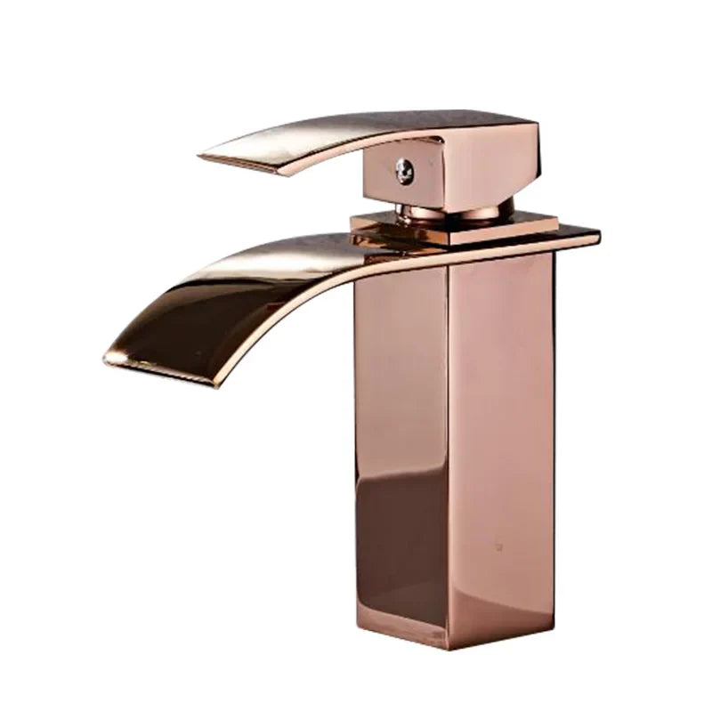 Afralia™ Rose Gold Brass Basin Faucet Waterfall Mixer Single Handle Deck Mounted