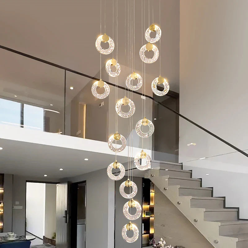 Afralia™ Circular Crystal Led Chandelier Luxury Modern Villa Staircase Living Room Decor Fixtur