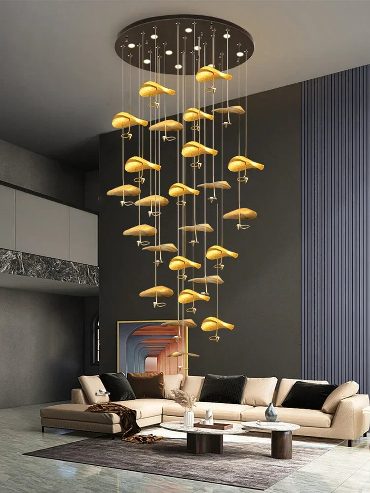 Afralia™ Modern Copper Lotus LED Chandelier for Duplex Living Room - Luxury Indoor Lighting Fixtures