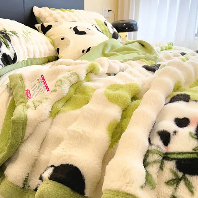 Afralia™ Cartoon Printed Faux Rabbit Plush Thick Blanket for Office Nap and Sofa Warmth