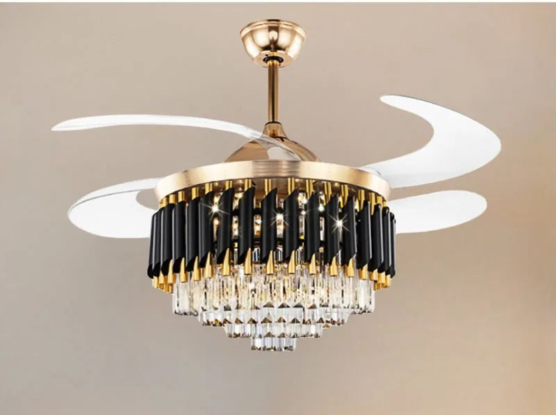Modern Crystal Ceiling Fan with LED Chandelier & Remote Control, Retractable Blades by Afralia™