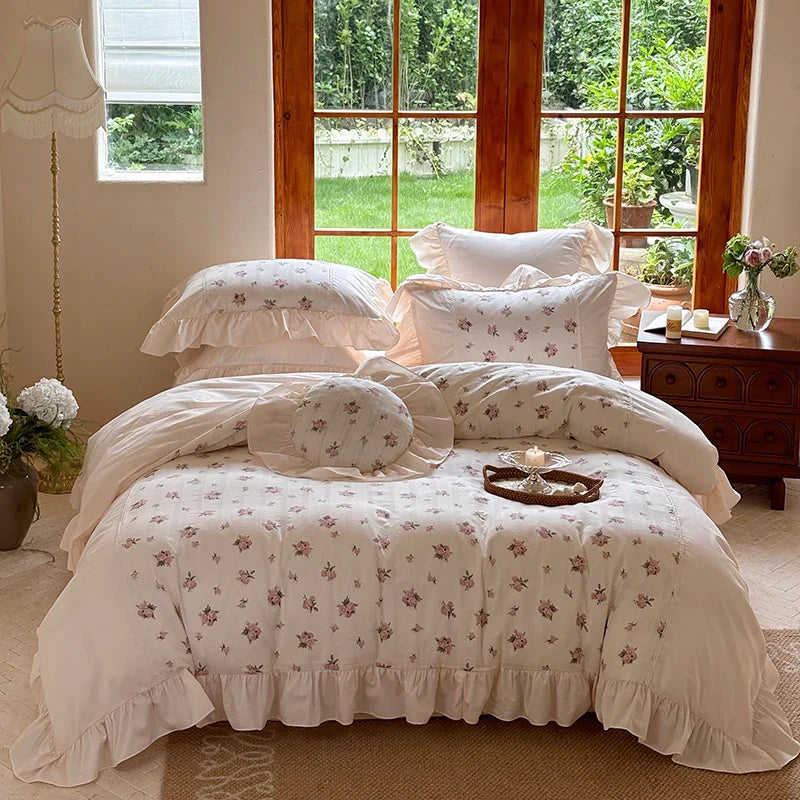 Afralia™ Vintage Floral Print Ruffled Bedding Set: Duvet Cover, Sheet, Pillowcases