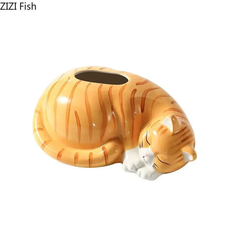 Afralia™ Ceramic Cat Tissue Box - Desk & Bedside Table Decoration