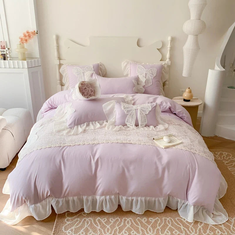 Afralia™ Romantic Lace Ruffles Bedding Set with Bow Decoration - Pink Girls Duvet Cover Set