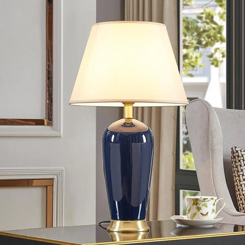 Afralia™ Dark Blue Ceramic Table Lamp with Remote Control for Bedroom and Living Room