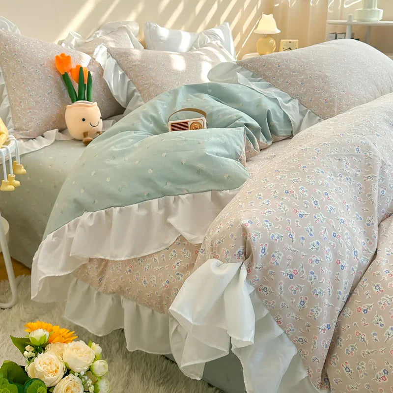 Afralia™ Korean Princess Floral Ruffles Bedding Set: Single/Queen Duvet, Cover, & Pillowcases