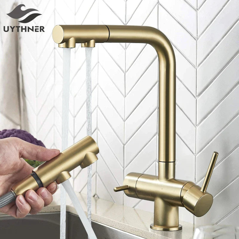 Afralia™ Dual Handle Waterfilter Kitchen Faucet with 360° Rotation & Pull Out Mixer Tap