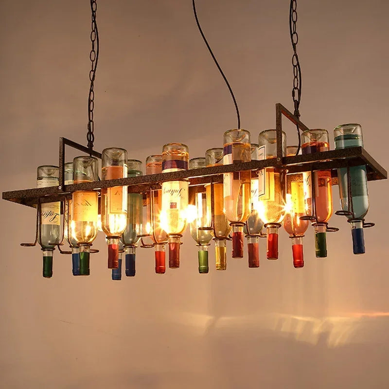 Afralia™ Industrial Metal Wine Bottle Chandelier for Coffee Shop Bar LED Decor