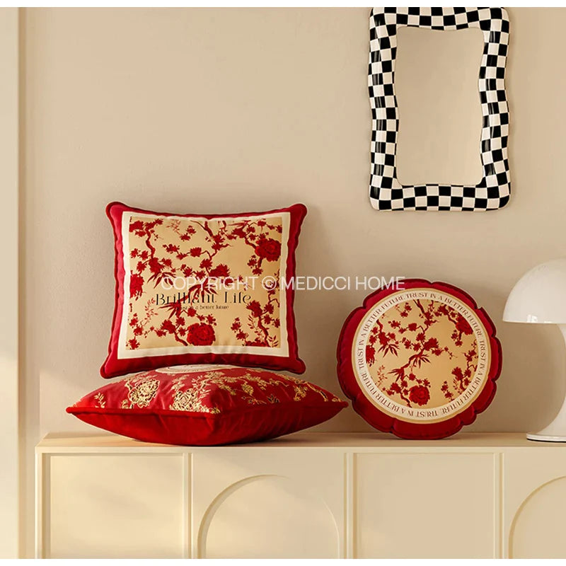 Afralia™ Luxe Velvet Retro Red Floral Print Lumbar Pillowcase 30x70cm