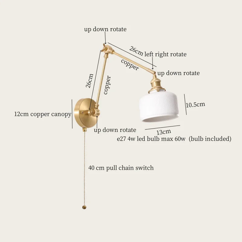 Afralia™ Ceramic LED Wall Lamp, Pull Chain Switch, Nordic Copper, Small Size