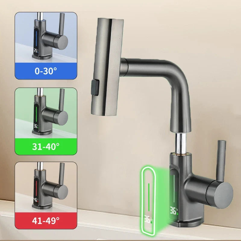 Afralia™ Temperature Digital Display Basin Faucet Pull Out Mixer Tap for Bathroom