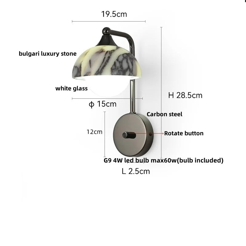 Afralia™ Marble Stone LED Wall Sconce, Rotatable Switch, White Glass, Carbon Steel