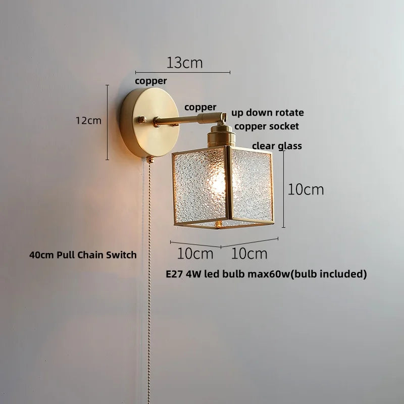 Afralia™ Japanese Style LED Wall Light Clear Glass Pull Chain Switch Bedside Lamp