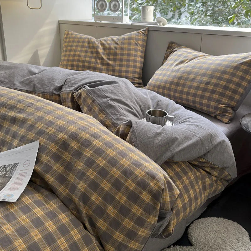 Nordic Grid Print Bedding Set in Wash Cotton Linen for Single Double Bed by Afralia™