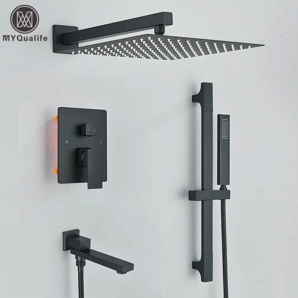 Afralia™ Matte Black Bathroom Shower Faucet Set with Rotating Spout