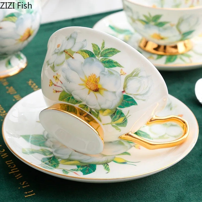 Afralia™ Green Flowers Ceramic Cup & Saucer Set for Coffee, Tea, Juice, and More