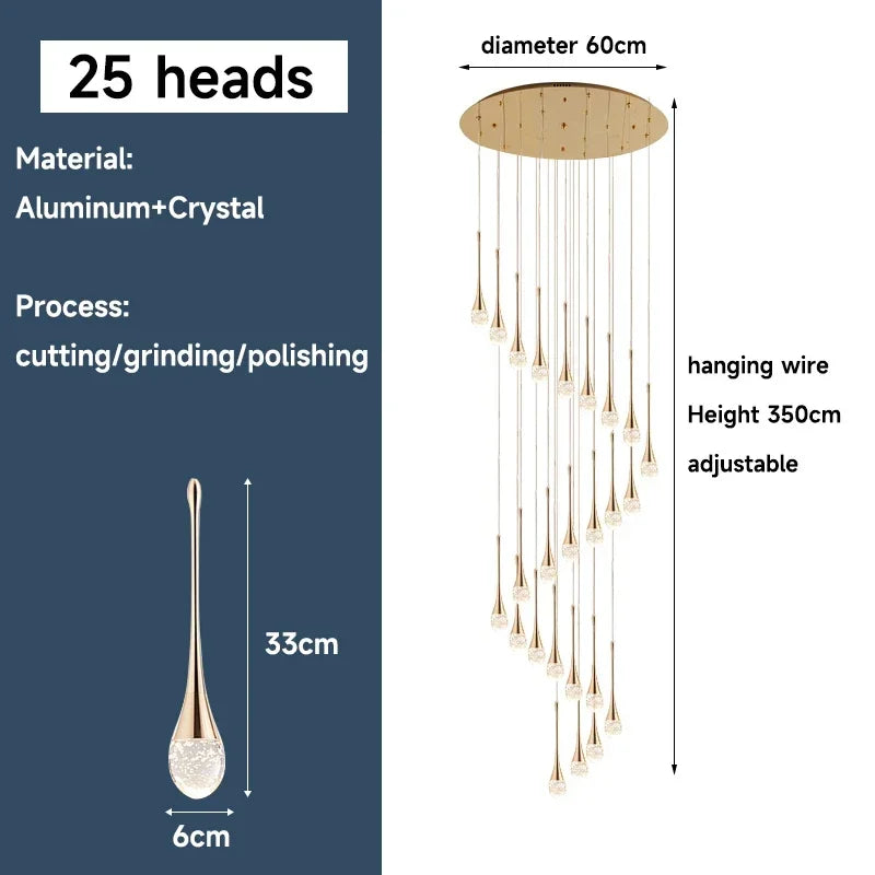 Afralia™ Gold Crystal Chandelier Pendant Light, Modern Minimalist Loft Staircase Fixture