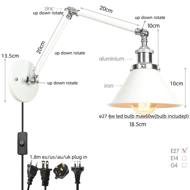 Afralia™ Vintage White LED Wall Sconce Stair Light Fixture with Pull Chain Switch