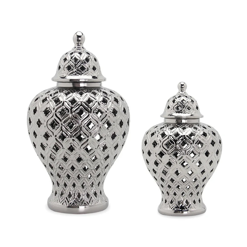 Afralia™ Vintage Hollow Ginger Jar Candy Jar Gold Silver Art Vase Decoration