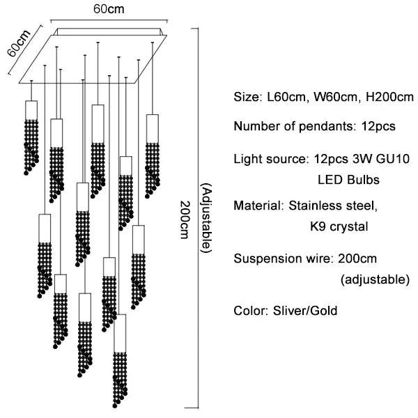 Afralia™ Long Crystal Beads Pendant Chandelier for Indoor Decorative Staircase Lighting