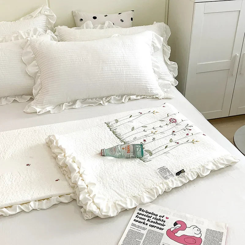Afralia™ Ruffles Flowers Embroidery Quilt Set - Princess Bedding with Comforter