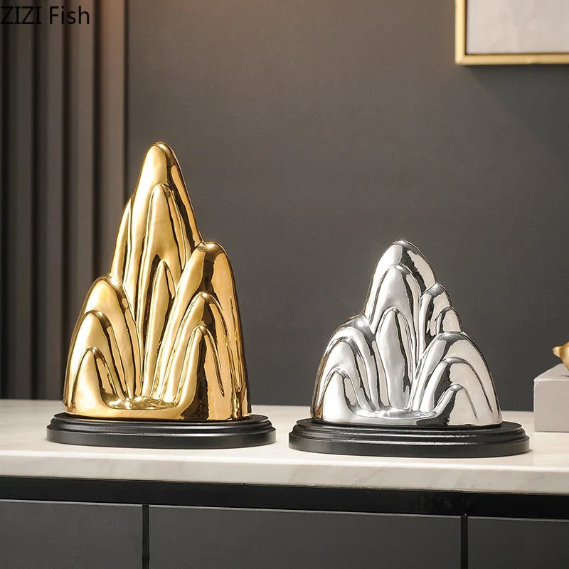 Afralia™ Ceramic Mountain Sculpture Decor - Golden/Silver Landscape Ornament