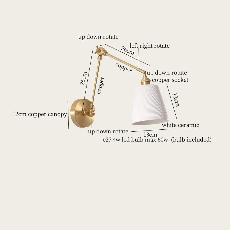 Afralia™ Ceramic LED Wall Lamp, Pull Chain Switch, Nordic Copper, Small Size
