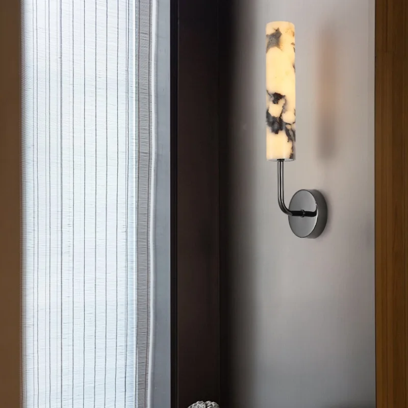Afralia™ Carbon Steel LED Wall Lamp with Pull Chain Switch & Marble Stone Fixtures