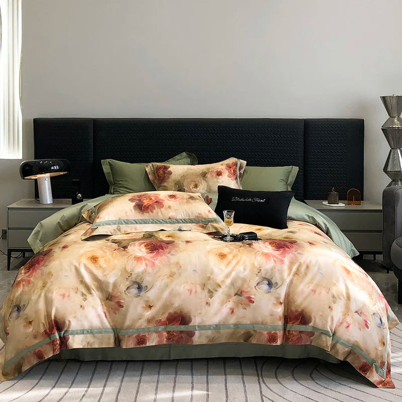 Afralia™ Luxury Flowers 1000TC Egyptian Cotton Bedding Set: 1 Duvet Cover, 1 Sheet, 2 Pillowcases