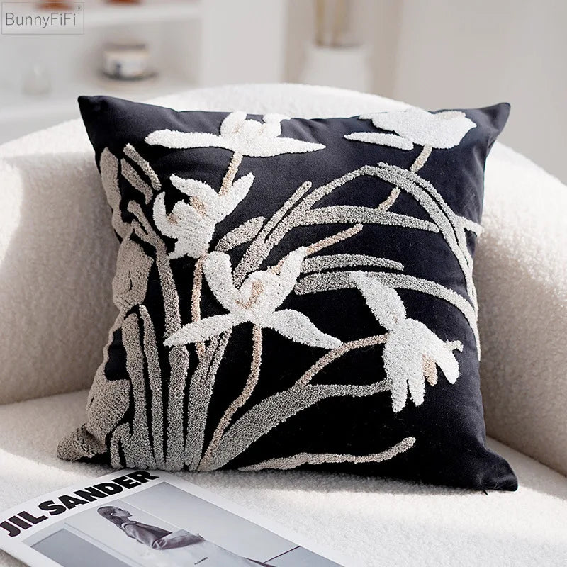 Afralia™ Embroidered Velvet Floral Pillow Cover Beige Black 45x45cm Luxury Decoration