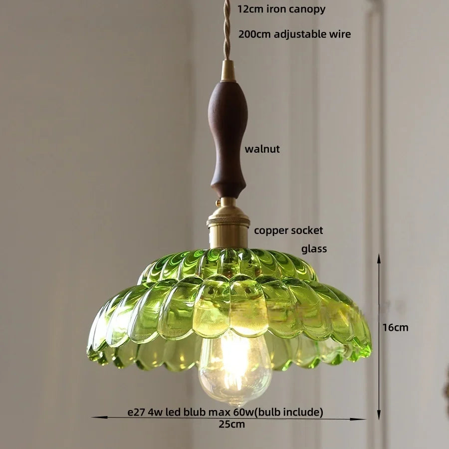 Afralia™ LED Pendant Lamp with Adjustable Wire, Copper Socket, Walnut Wood, Green Glass