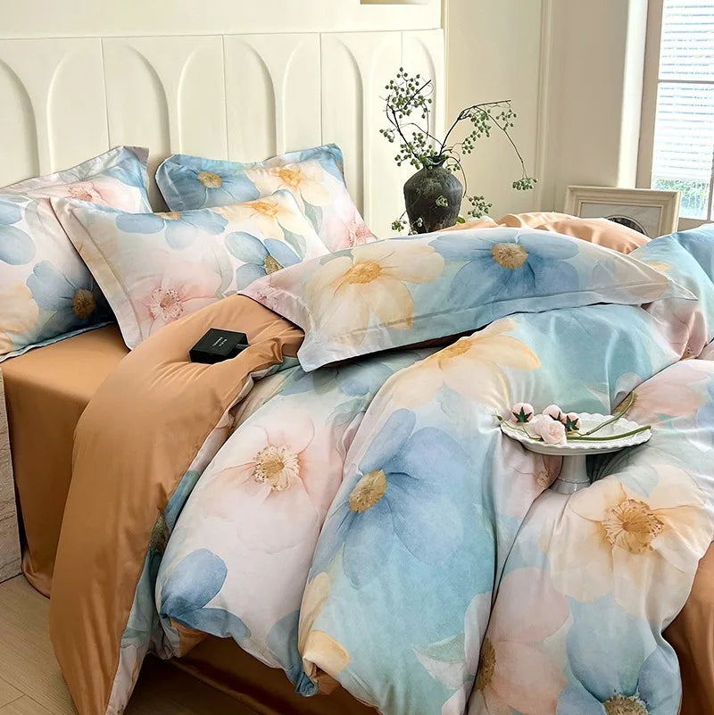 Afralia™ Satin Flower Fitted Sheet Set - Luxury 100% Cotton Print Bedding Set