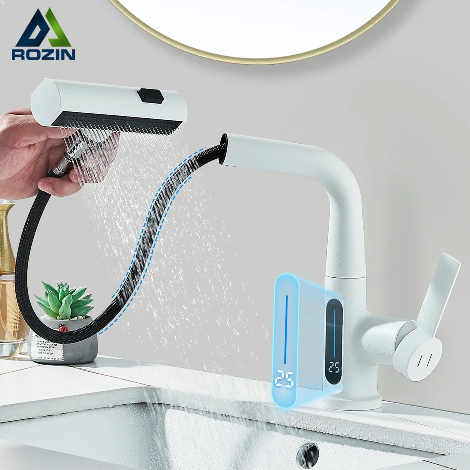Afralia™ Digital Display Basin Faucet with 3-Way Nozzle: Pull Out, Rainfall Stream, Hot Cold Mixer