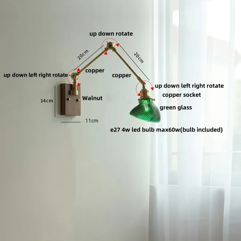 Afralia™ Nordic Green LED Swing Arm Wall Lamp Sconce Glass Walnut Wood Mirror Light