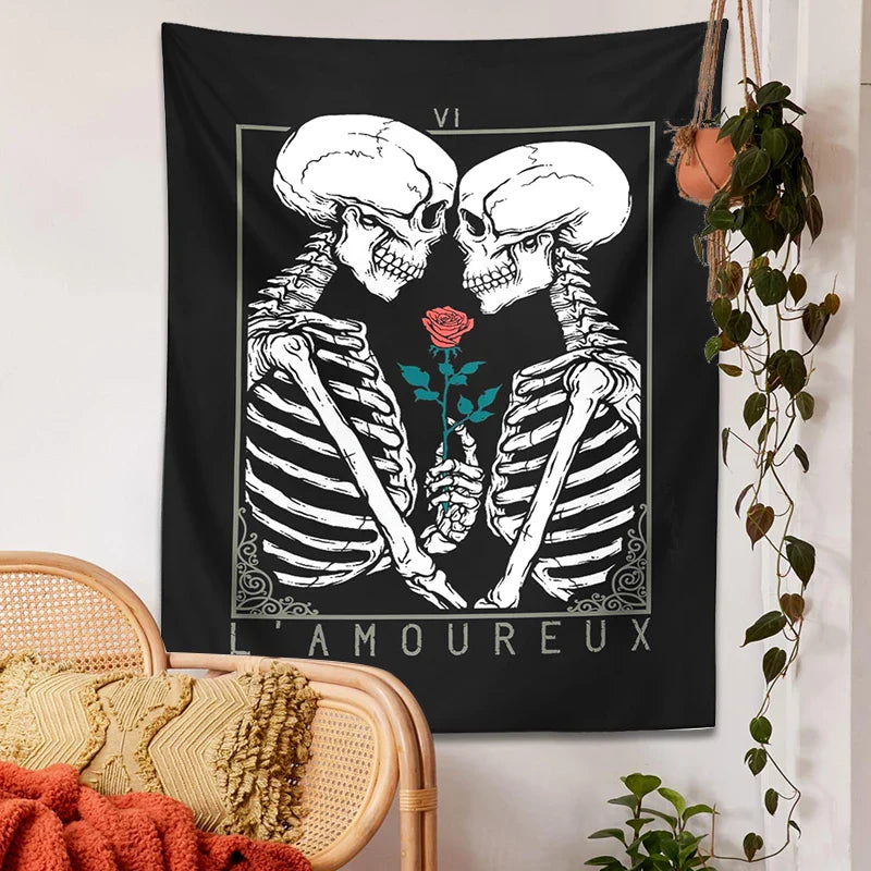 Afralia™ Kissing Lovers Tarot Tapestry: Skeleton & Rose Hippie Room Decor