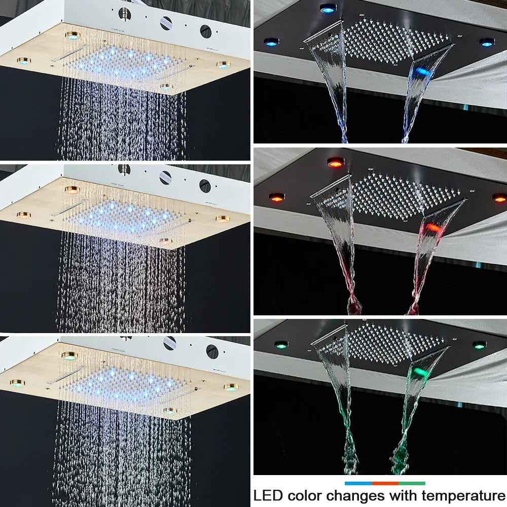 Afralia™ Brushed Gold LED Rainfall Shower Set with Thermostatic Faucet