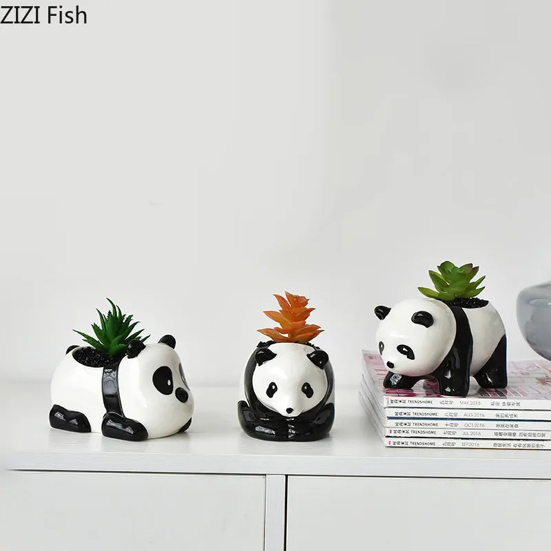 Afralia™ Panda Cartoon Ceramic Flower Pot for Succulents, Artificial Animal Vase and Floral Arrangement