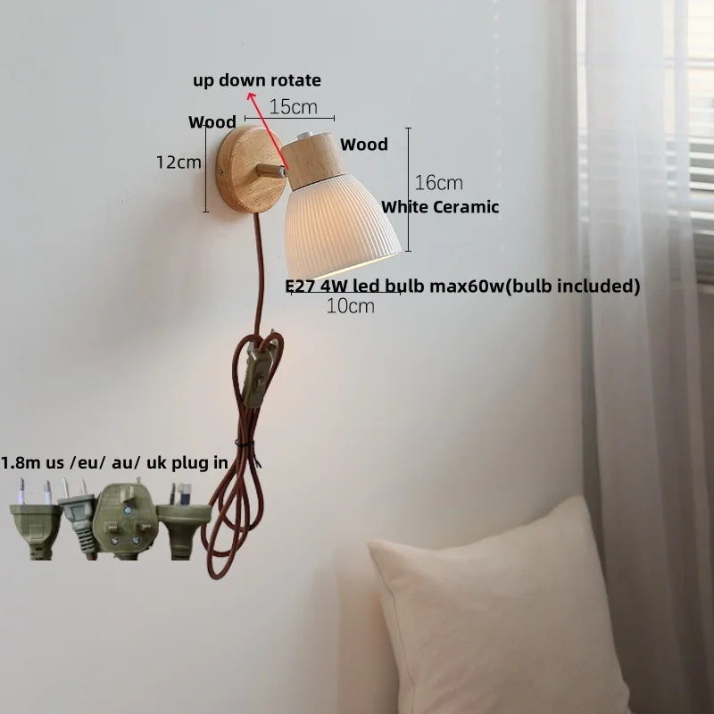 Afralia™ Ceramic Wood Wall Light Fixture, Modern Nordic LED Sconce Bedside Lamp
