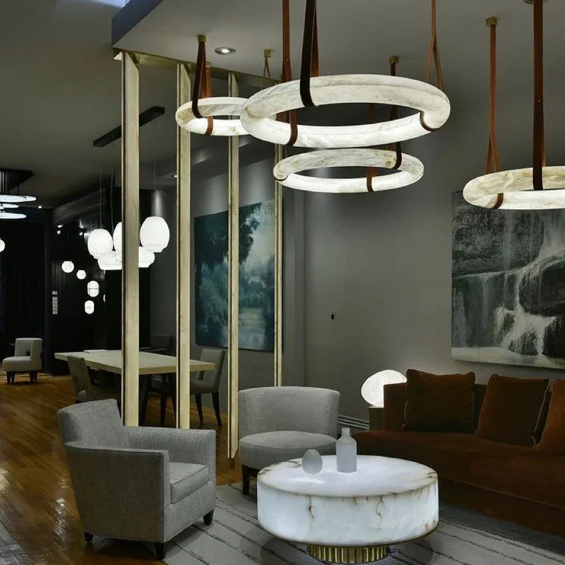 Afralia™ Modern Brown Leather Round Ring Lucite Pendant Light