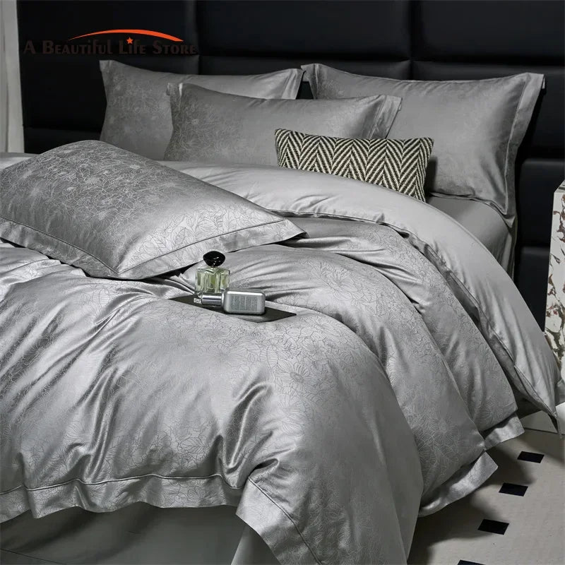 Afralia™ Luxury Grey Jacquard Cotton Bedding Set with Silky Duvet Cover and Pillowcases
