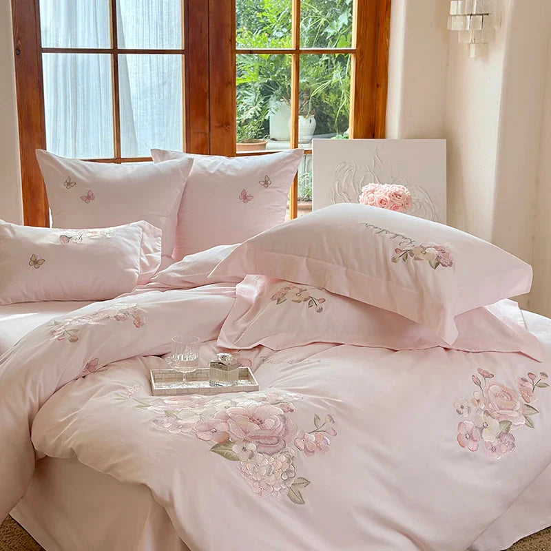 Afralia™ Pink Flowers Embroidery Cotton Bedding Set - Duvet Cover, Bed Sheet, Pillowcases