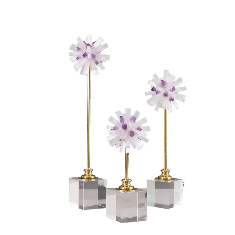 Afralia™ Crystal Flower Glass Craft Hyalinite Sculpture Metal Decorative Figurine