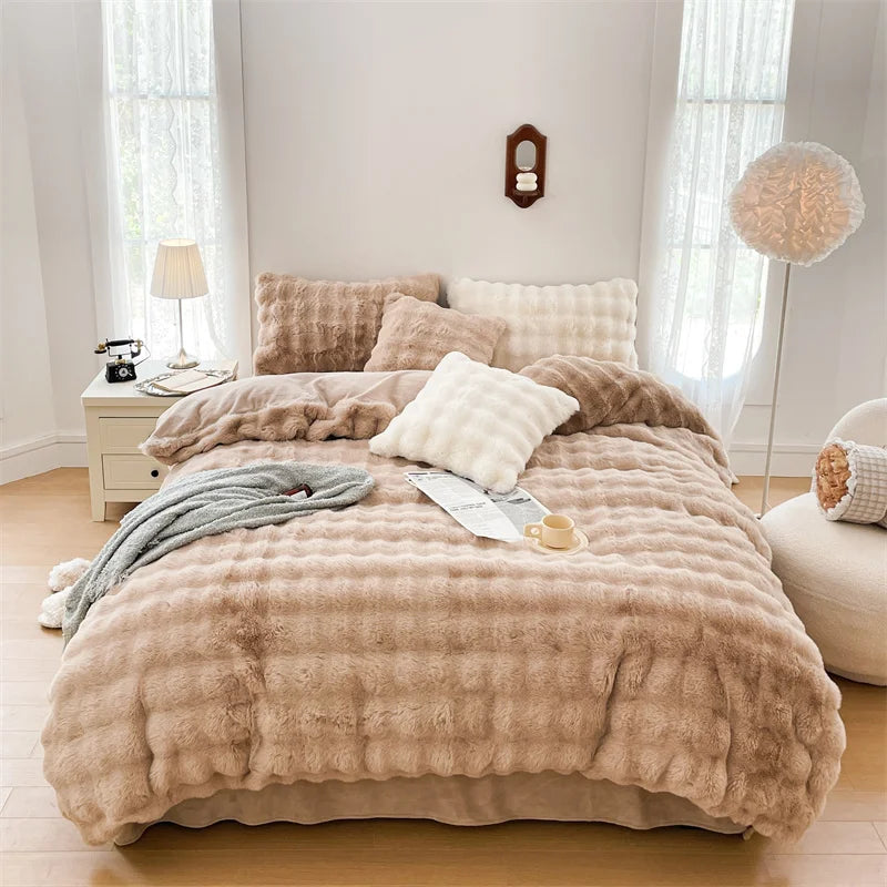 Afralia™ Velvet Fleece Princess Bedding Set in Pink Purple Grey Gradient, Luxury Duvet Cover & Faux Rabbit Fur
