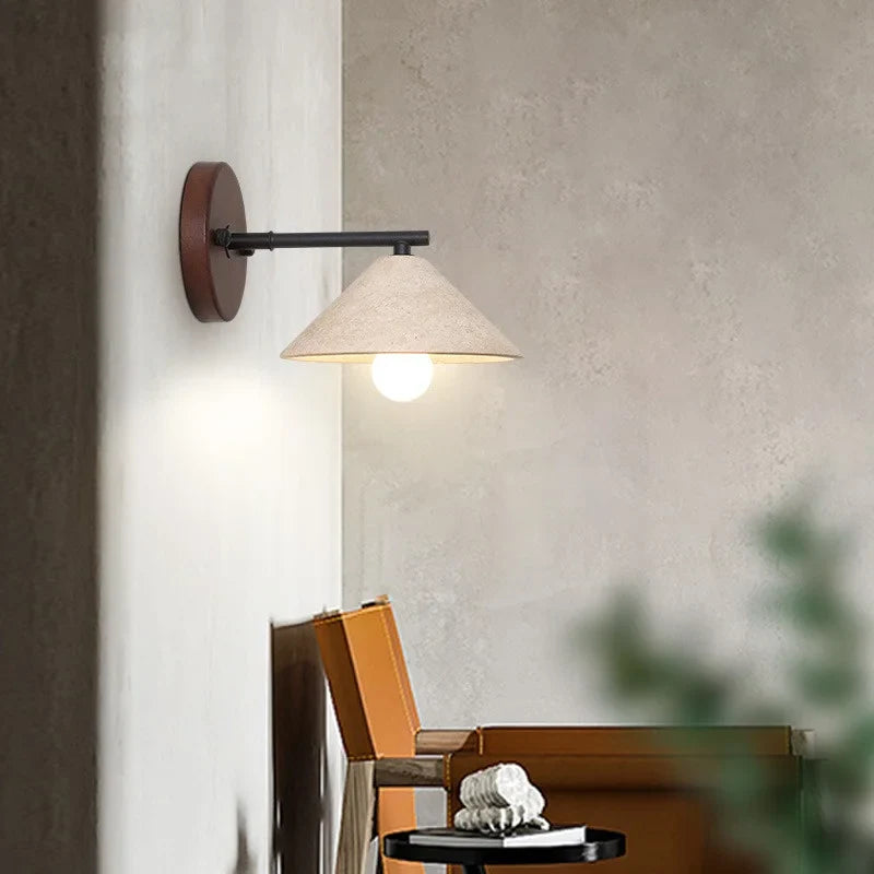Afralia™ LED Yellow Travertine Wall Light with Wood Pull Chain Switch and Iron Frame